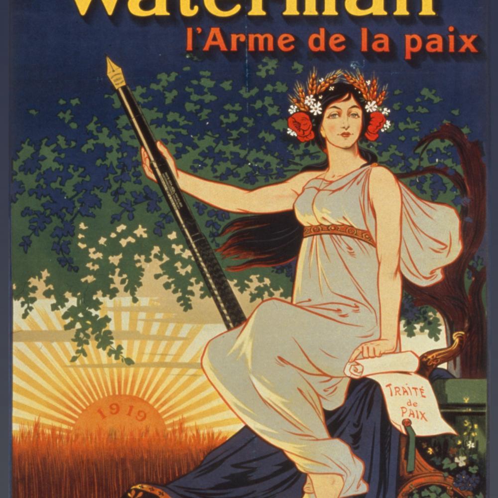 Illustrated advertisement of a woman in a toga holding a spear-shaped fountain pen.
