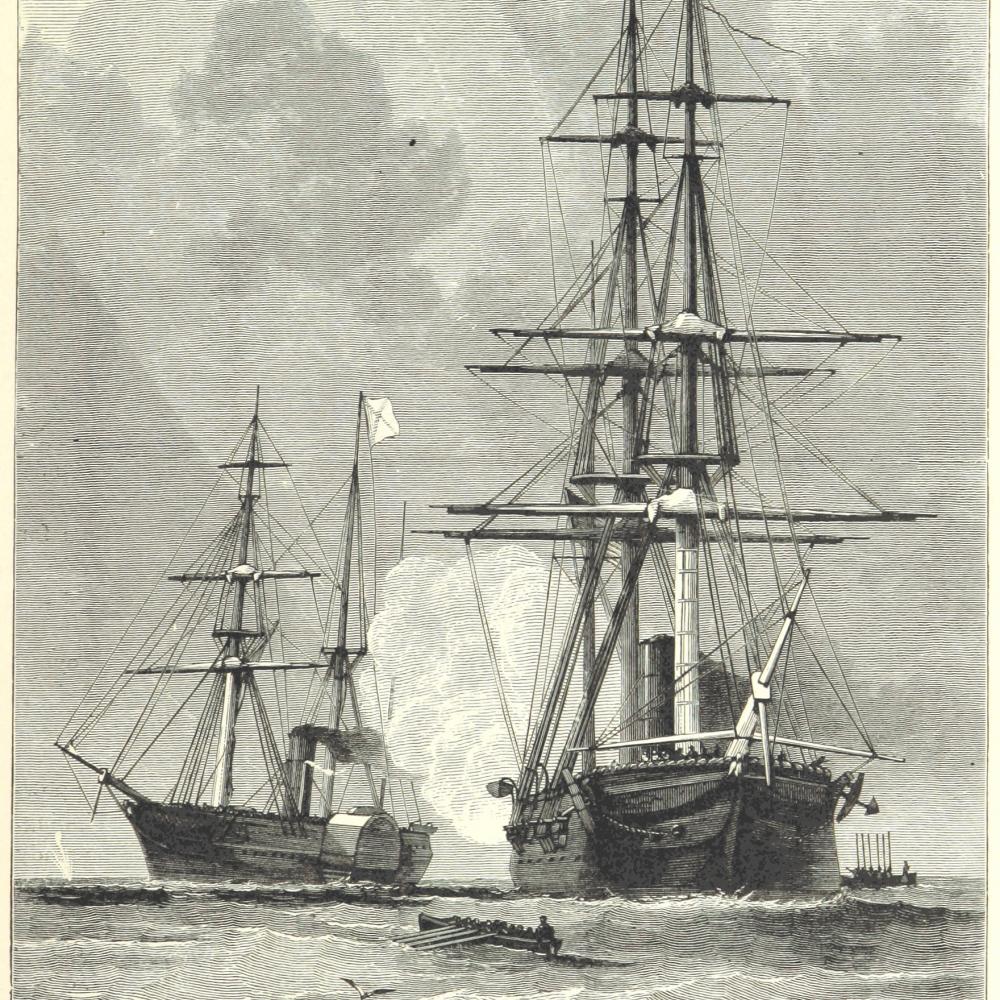 Black and white illustration of one steam / sail ship chasing another on the high seas.