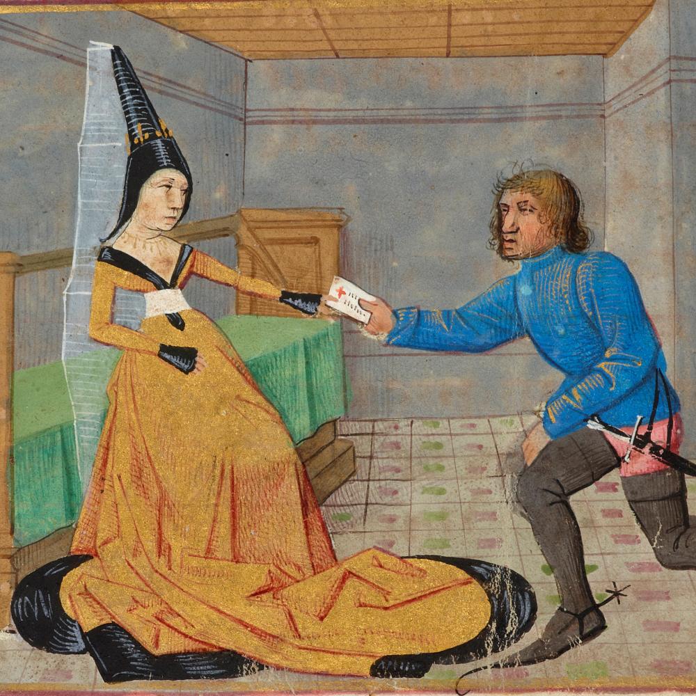 Painting of Genevieve in a yellow robe and King Mark on his knees, delivering a letter to her.