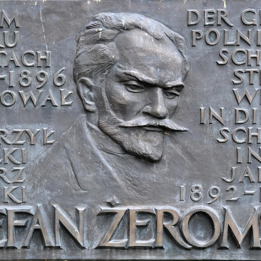 Grey engraved plaque of Stefan Zeromski.