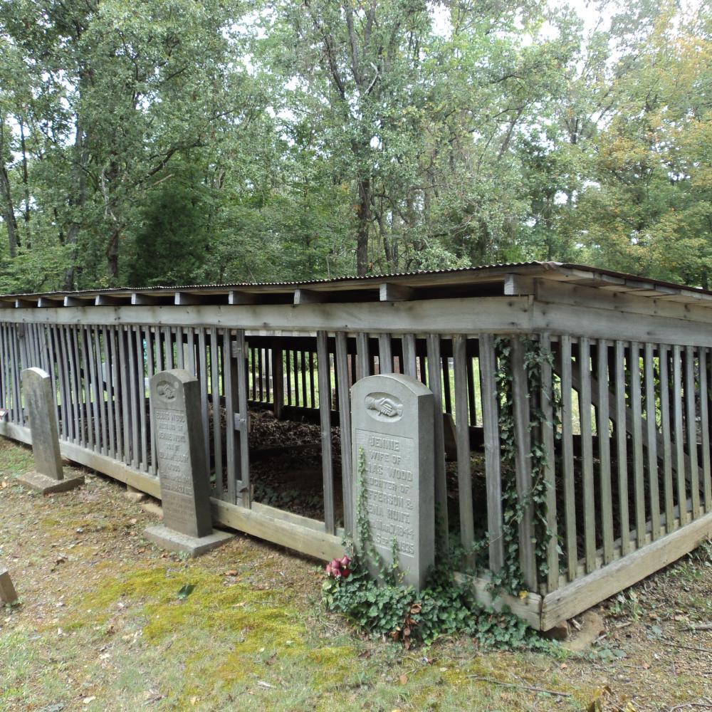Color photo of a shed containing several graves.