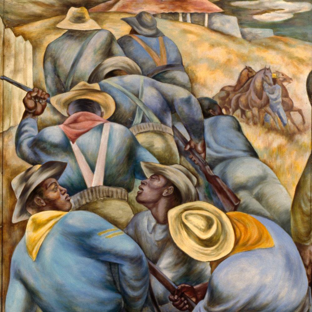 Mural of black soldiers dressed in blue-grey uniforms, fighting.