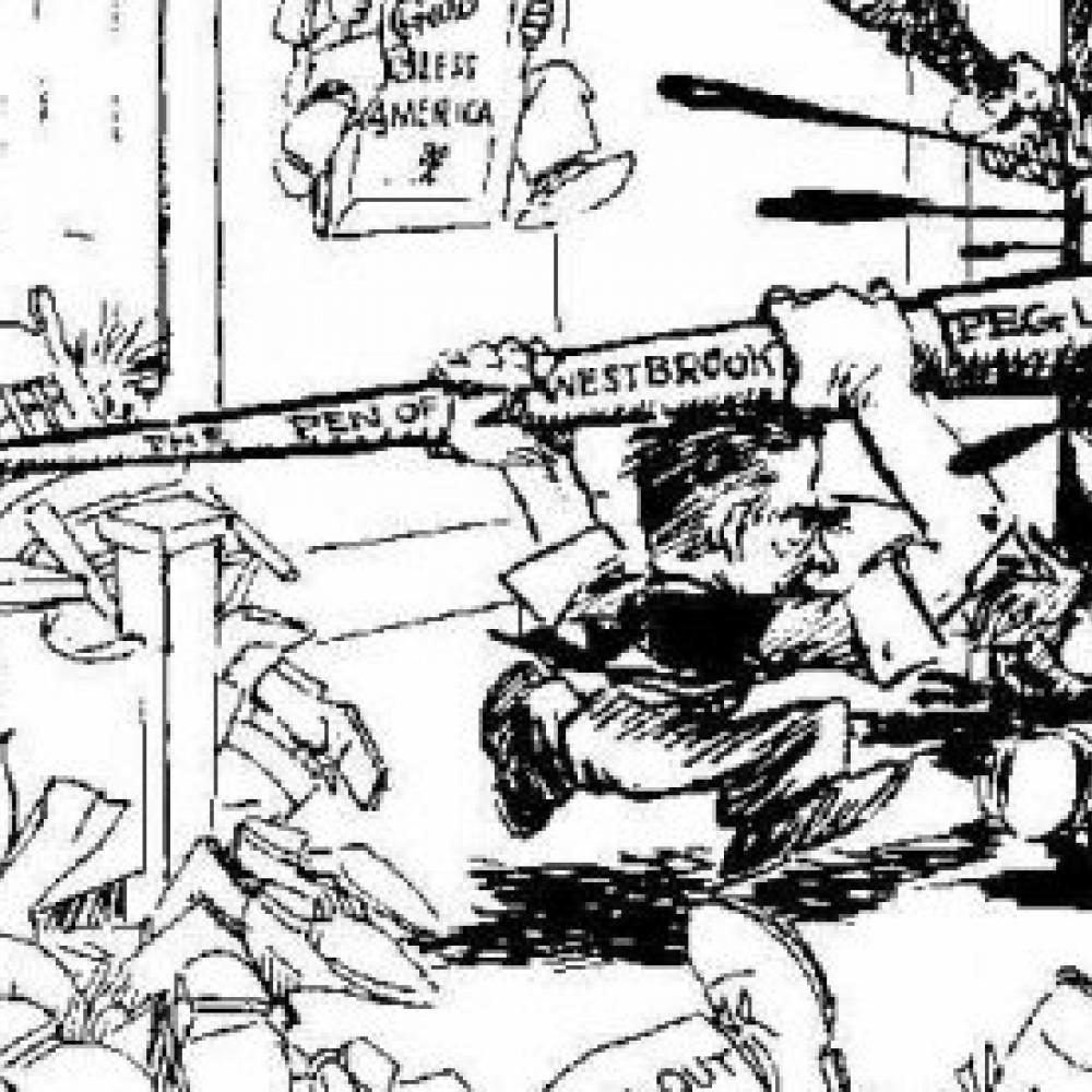 Cartoon sketch of Westbrook Pegler charging other men with a giant pen.