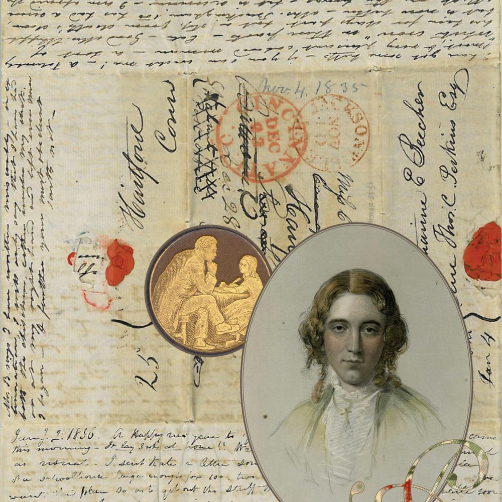 Image of a "circular letter" from the Beecher family, with writing organized around a portrait of Harriet Beecher Stowe.