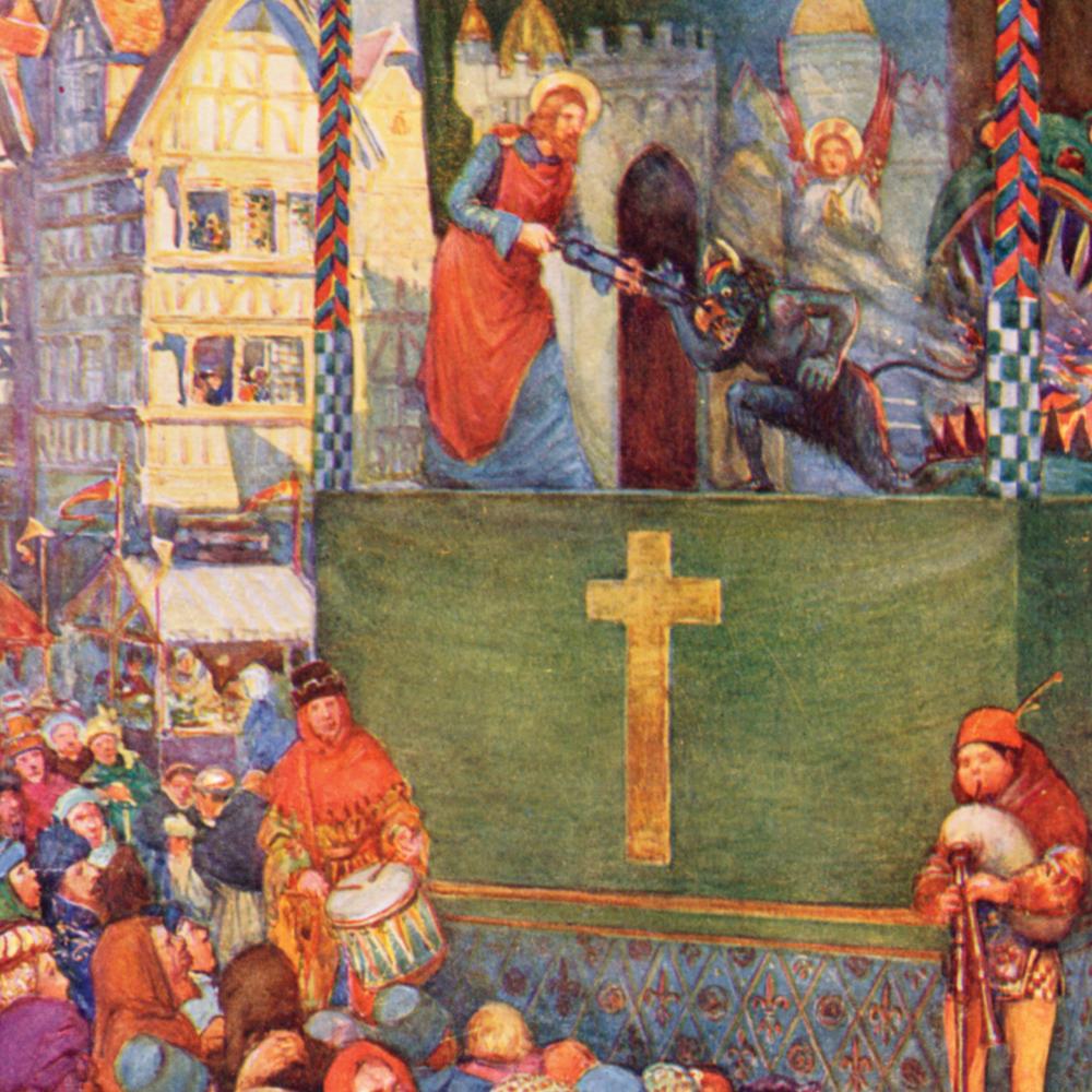 Colorful illustration of a medieval theater set with a Christ-like figure on the stage.