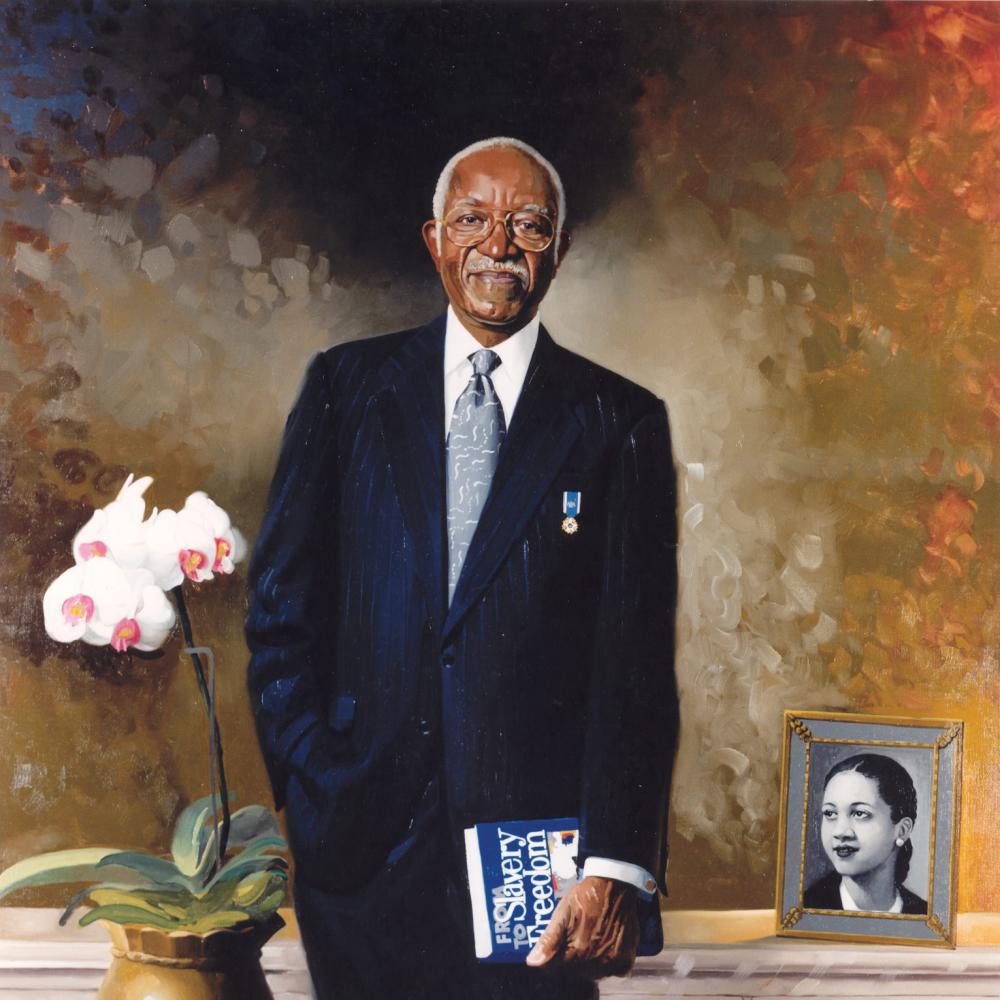 Painting of Dr. John Hope Franklin in suit and tie, standing with a book in his left hand.