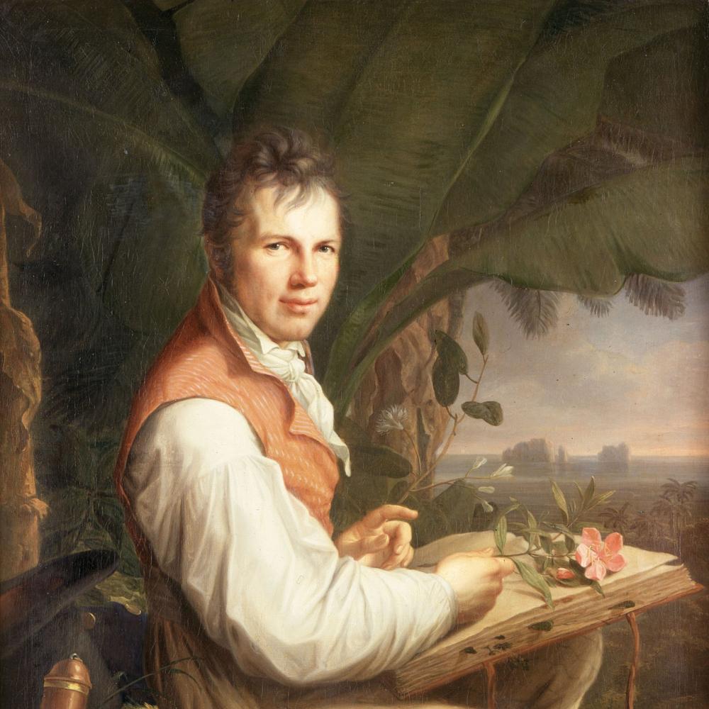 Painting of Alexander von Humboldt holding a large book with Venezuela's Orinoco river in the background.