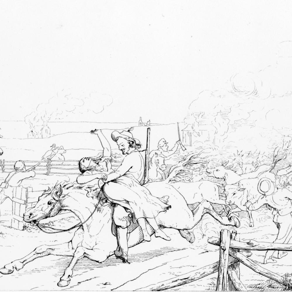Sketch of horsemen raiding a farm. One of them is carrying off a woman.
