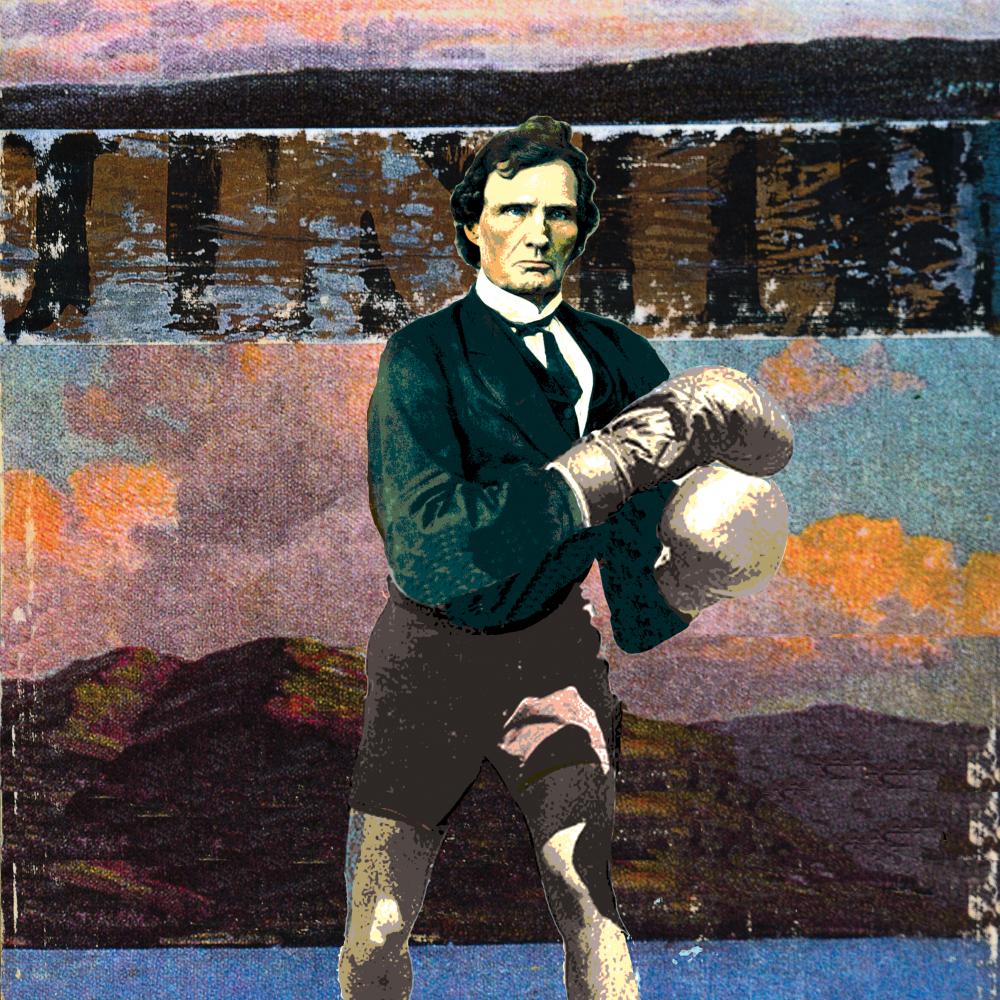 Color stylized photo of Thaddeus Stevens standing and wearing boxing gloves.