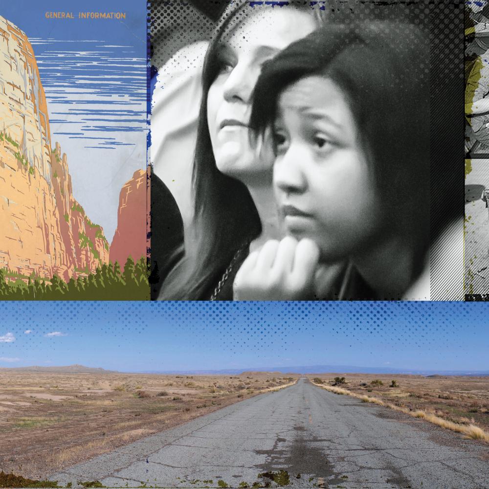 collage of photos showing students, rock formations, an open road, and a cracked stone path