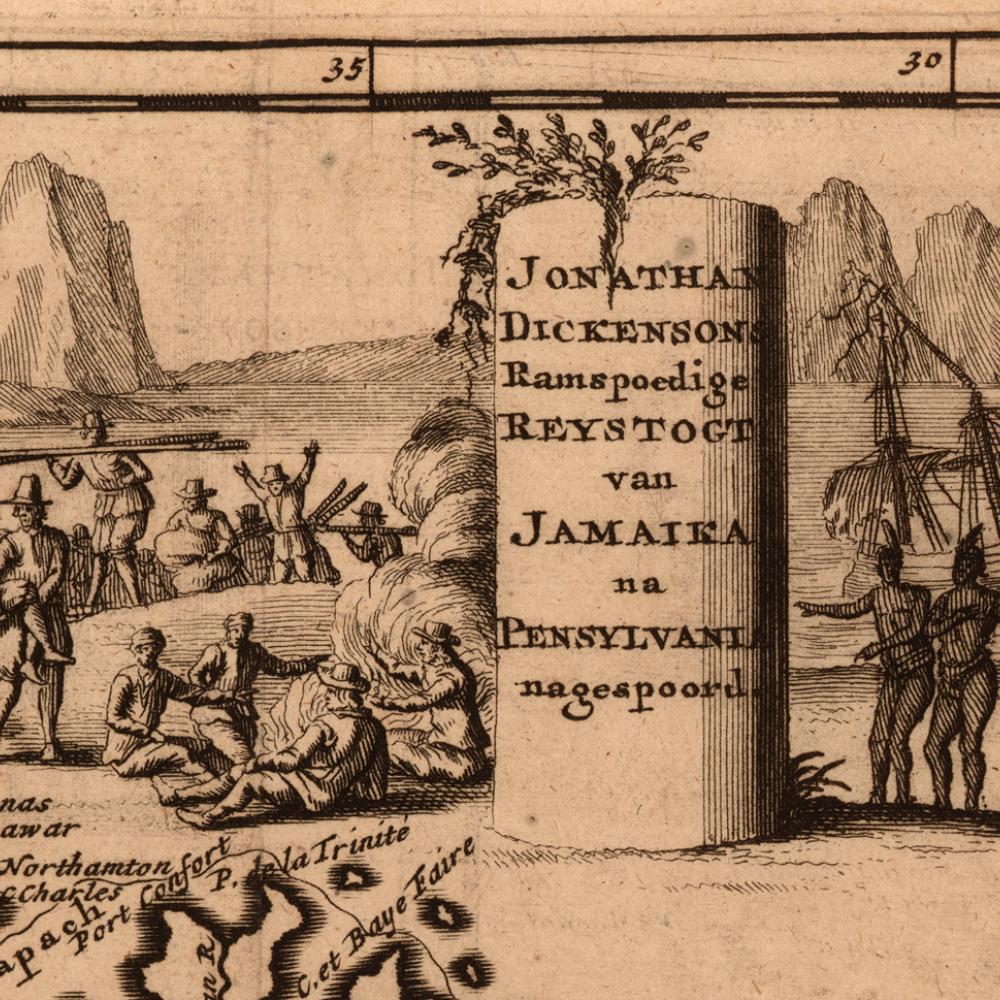 Illustration of European settlers and Native Americans on the coast, along with a map rendering of the coastline