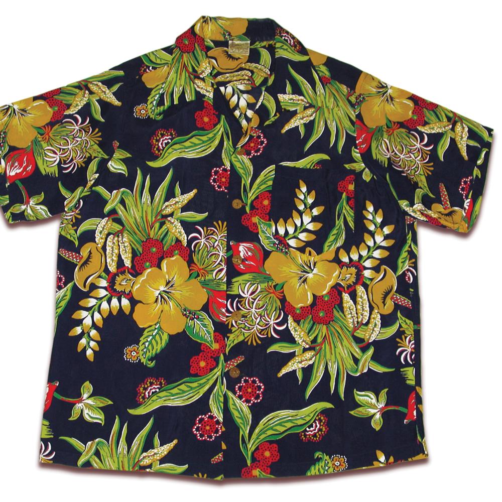 Short sleeved, collared black shirt patterned with tropical flowers and leaves