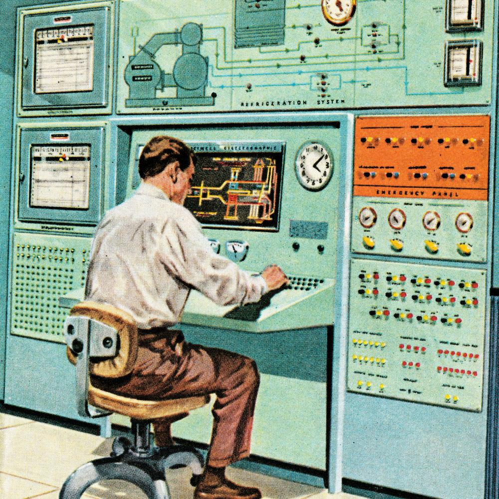 illustration of a man working at a wall of computer machinery