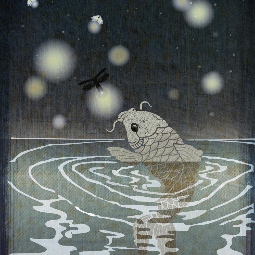 A silver koi fish coming out of water, under a night sky with orb-shaped stars