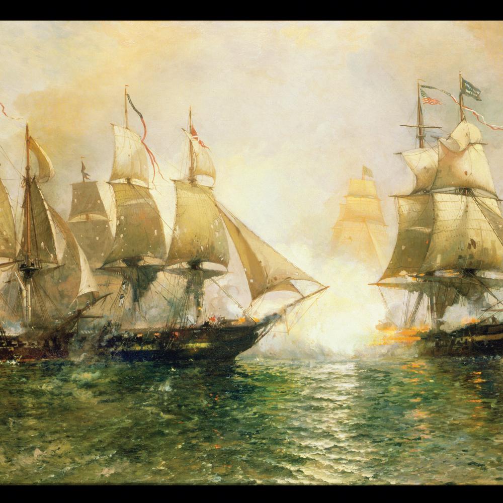 Two ships upon choppy blue water, firing cannons at each other