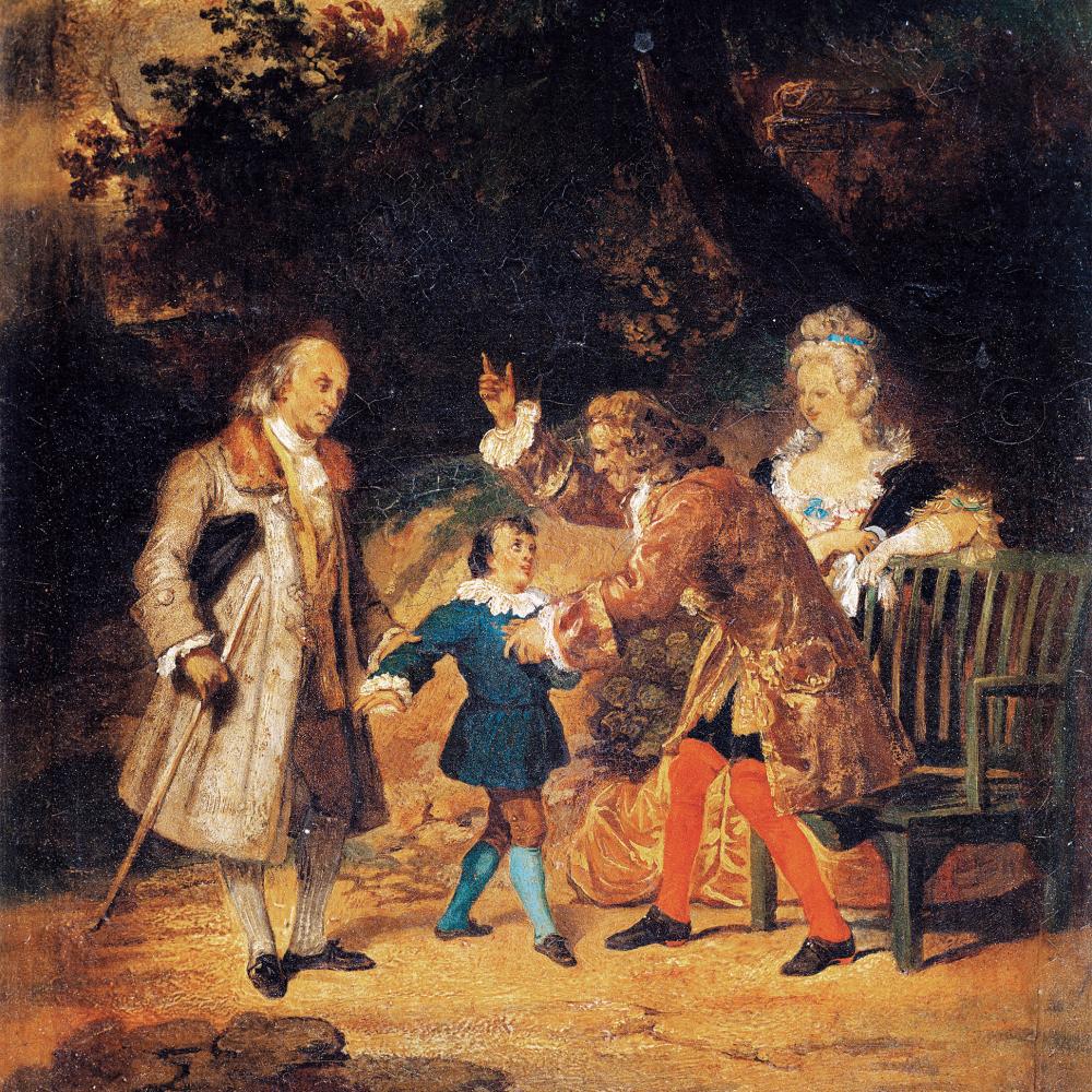 Oil painting of boy meeting three people