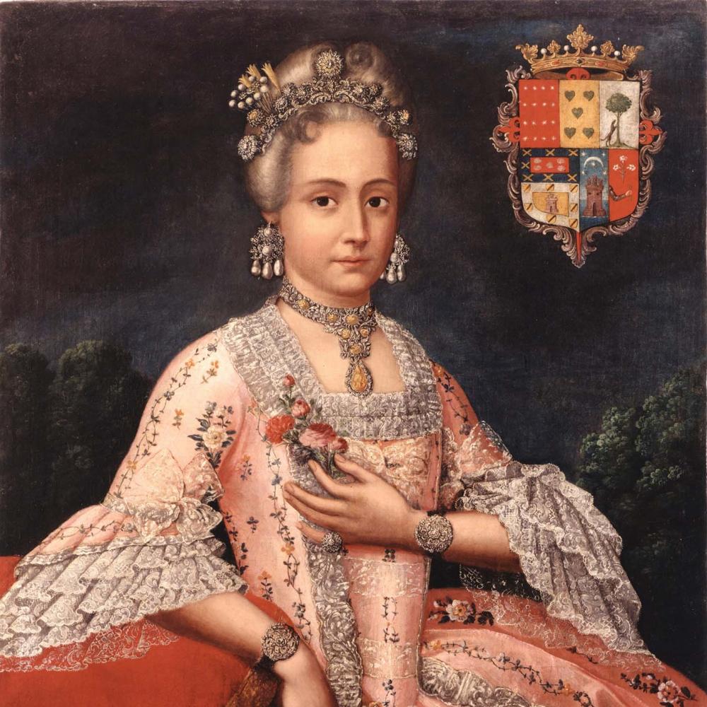 The Countess, wearing a pink dress with elaborate embroidery