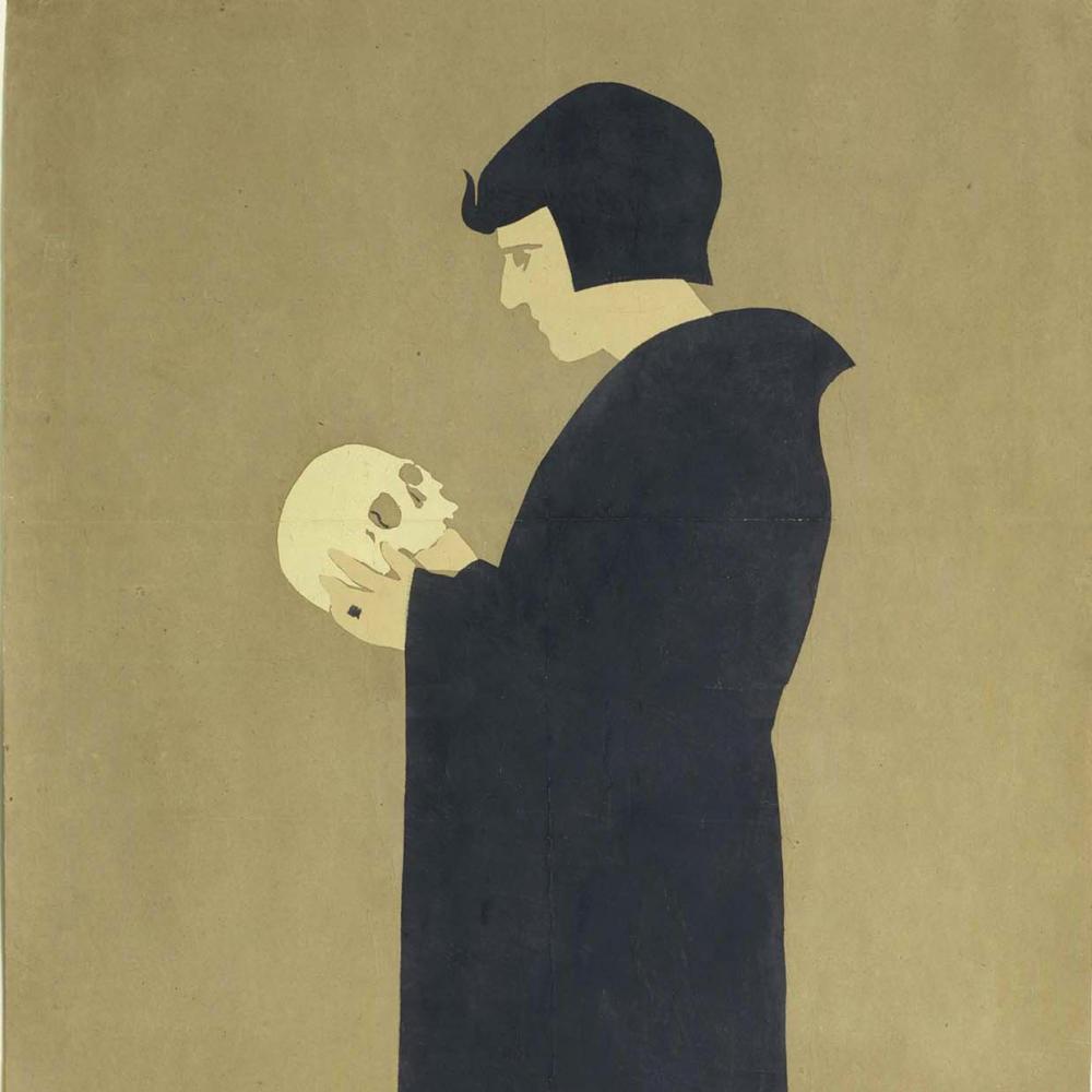 Side view illustration of a black-robed hamlet, holding a skull