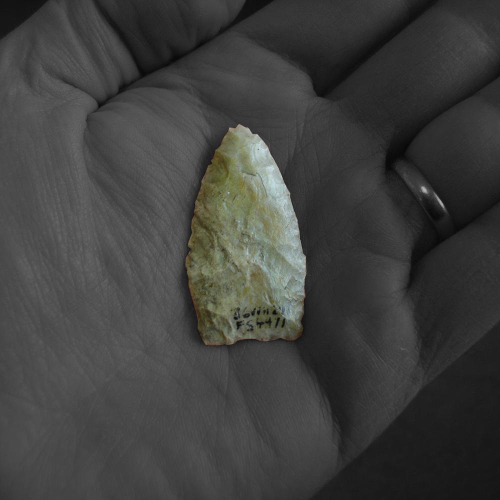 Triangular, ivory colored tool, held in an open palm of someone wearing a wedding ring