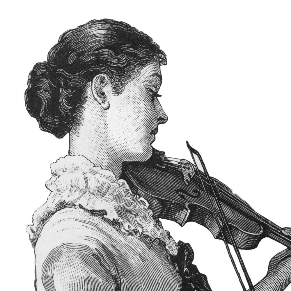 Drawing of a woman, hair in a low bun, playing the violin