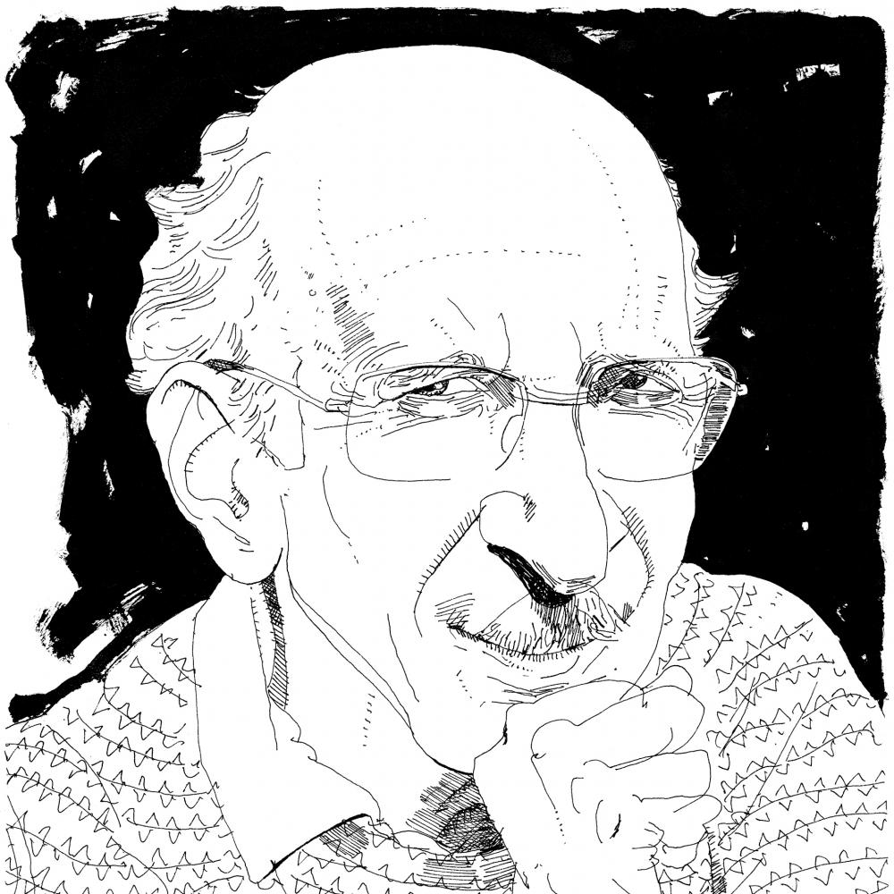 Drawing of Malamud, wearing rectangular glasses, collared shirt and a striped sweater, holding his fist to his chin and smirking at the viewer
