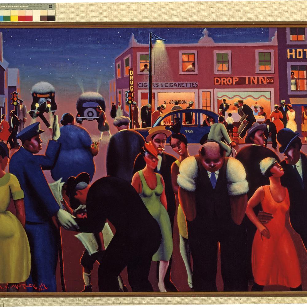 Painting of an outdoor scene with many people enjoying city nightlife. 
