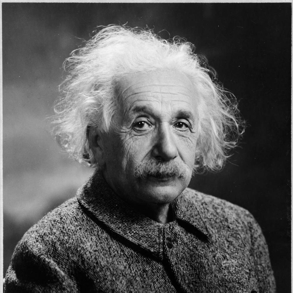 A black and white close-up of Albert Einstein.