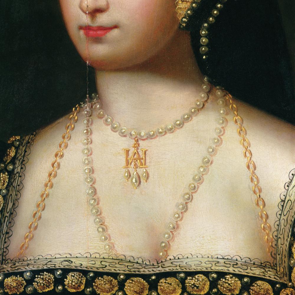 Color painting of a woman wearing pearl necklaces.