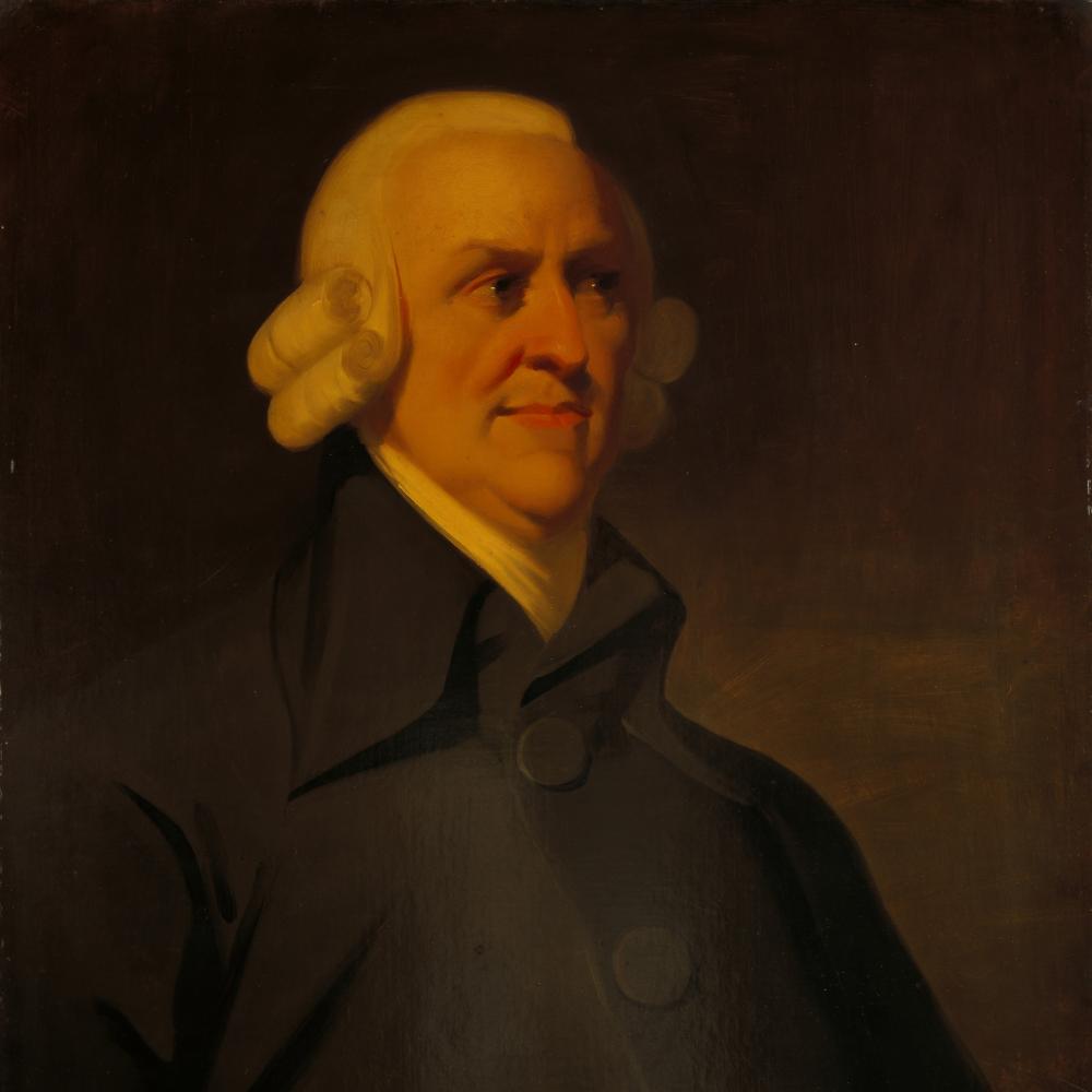 Adam Smith in a white wig and black coat with a high collar