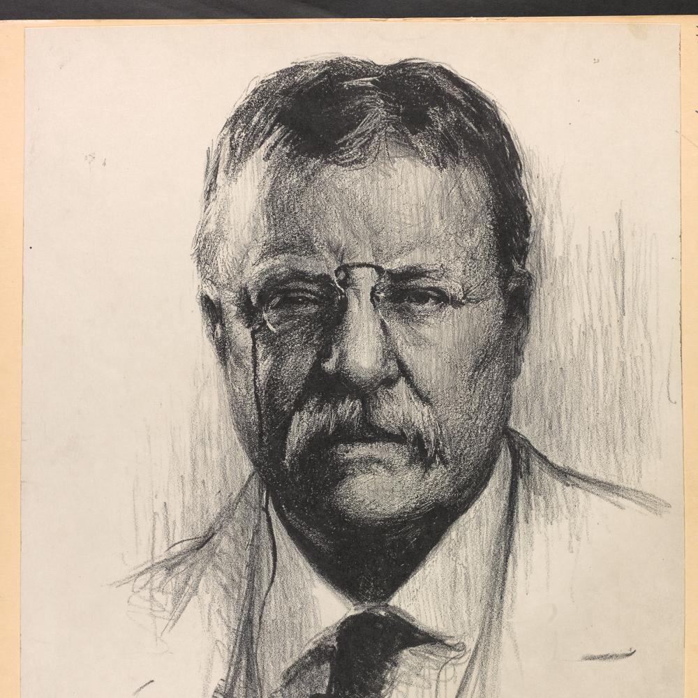 Teddy Roosevelt from the chest up, drawn using charcoal, wearing eyeglasses