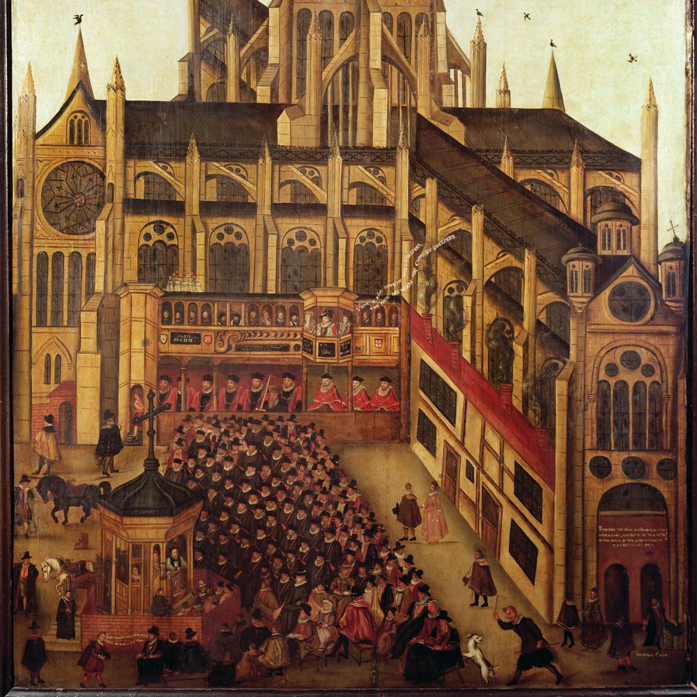 1616 drawing of Saint Paul's Cathedral, filled with church goers