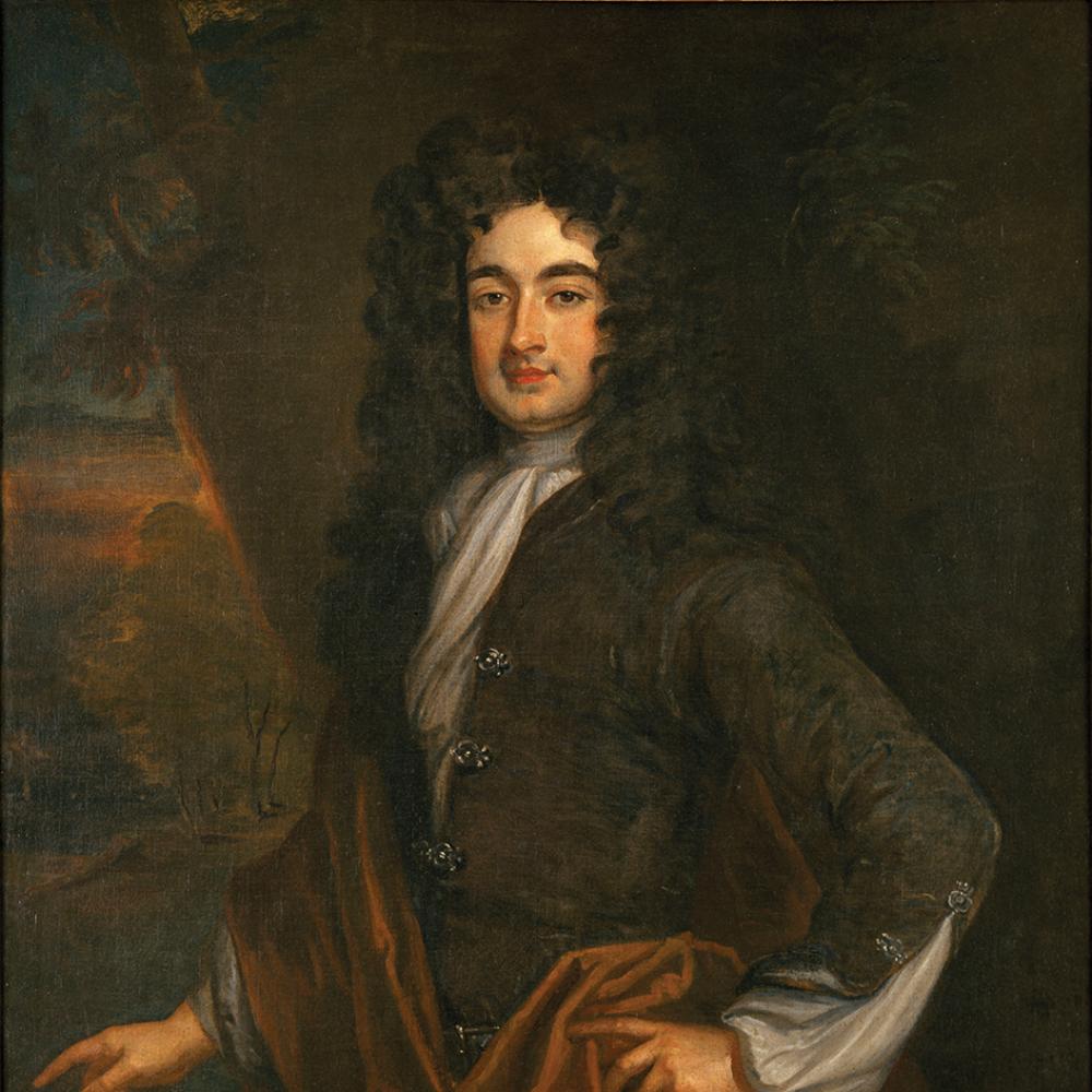 Painting of William Byrd II in a stately pose wearing a curly, black-haired British wig. 