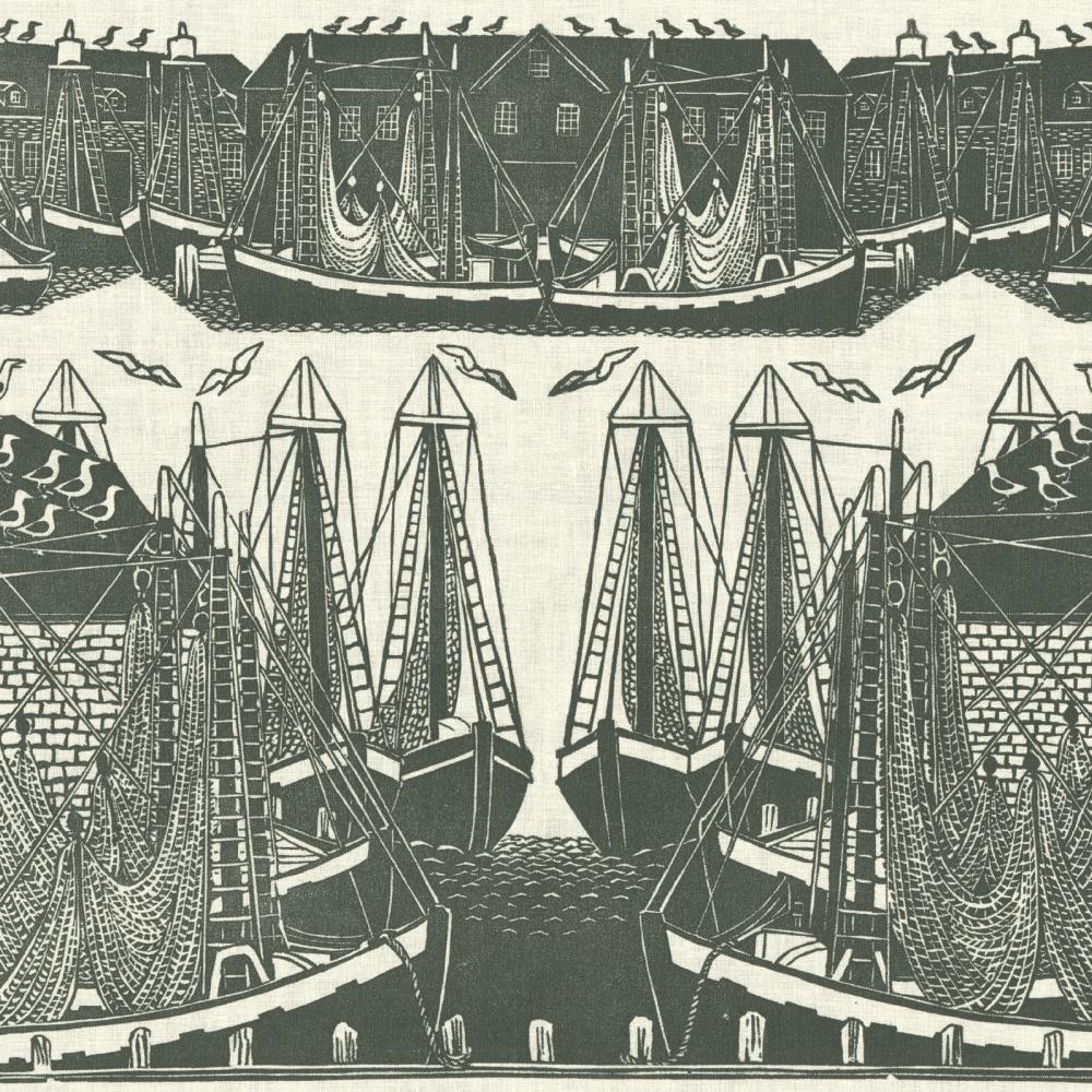 Rendering of Gloucester Harbor, with many high-masted ships and sea gulls