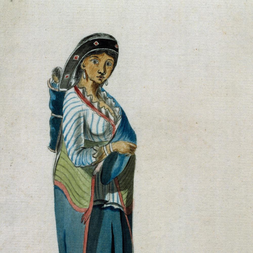 Watercolor painting of a Mohawk woman, wearing traditional Mohawk clothing, carrying a baby on her back