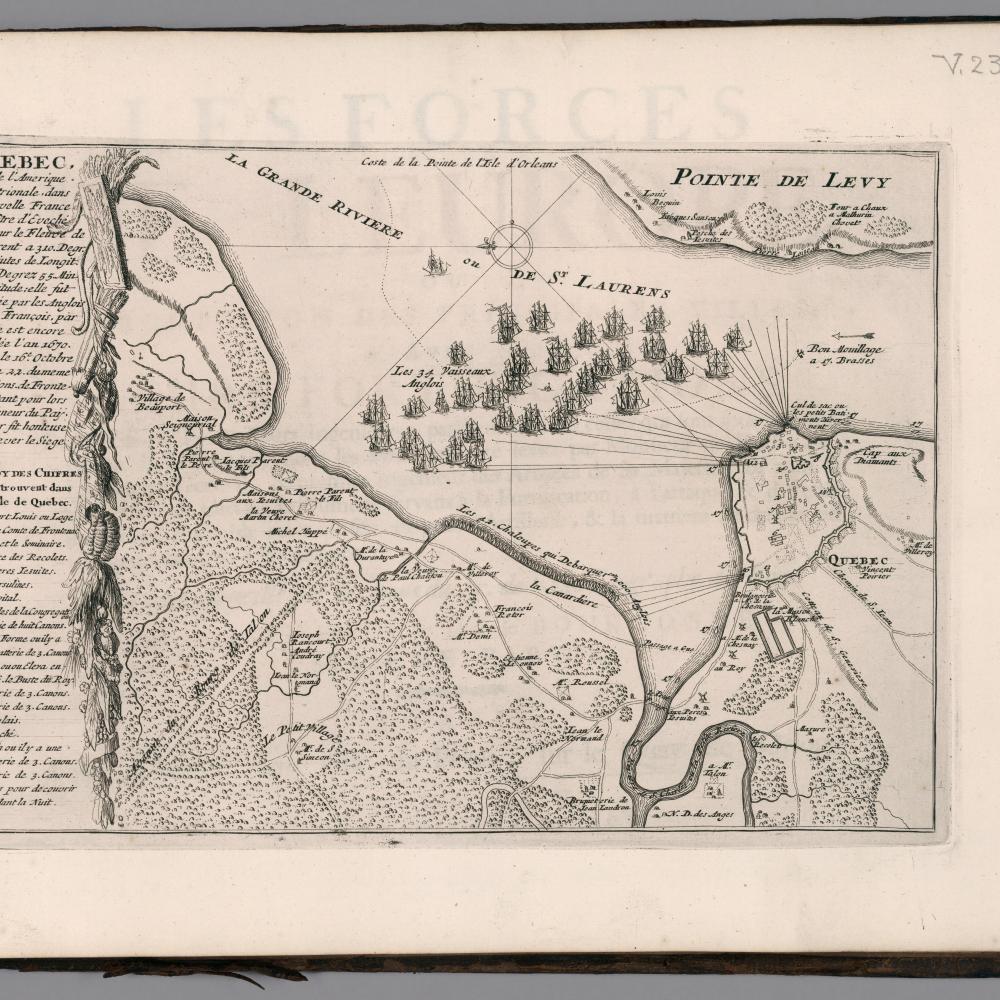Engraved map, showing Battle of Quebec. Shows towns, villages, roads, forests, rivers, canals, bridges, name of places and residence. Includes decorative illustrations of British ships on Saint-Laurens River and key to important sites.