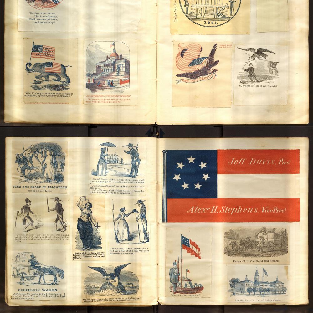 two pages of scrapbooks, one showing the confederate flag and images of the south, and the other headed with "Union" and images of the flag and eagles