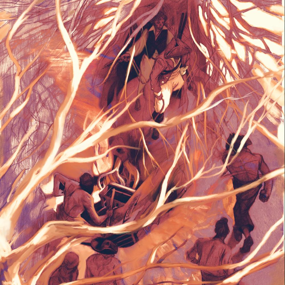 Male figures walk through a tangle of branch-like lines, all drawn in reds, yellows, oranges and browns