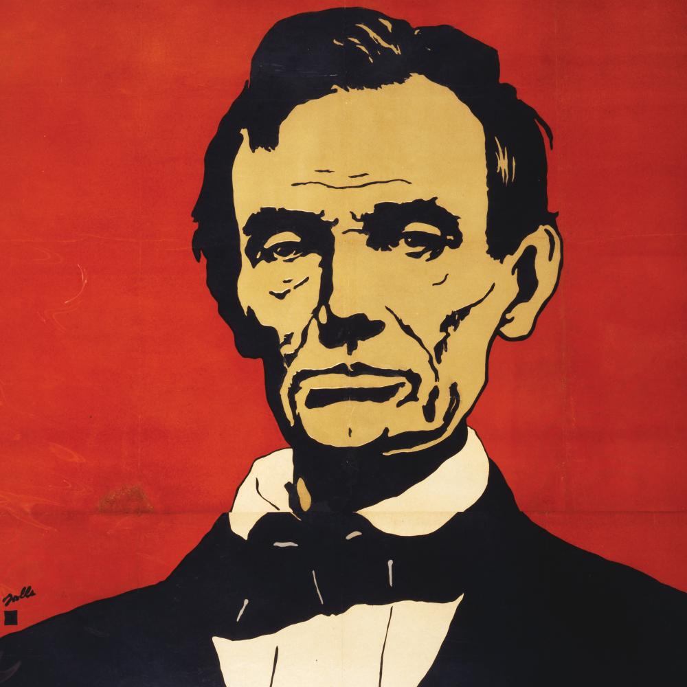 Illustration of Abraham Lincoln on a red background.