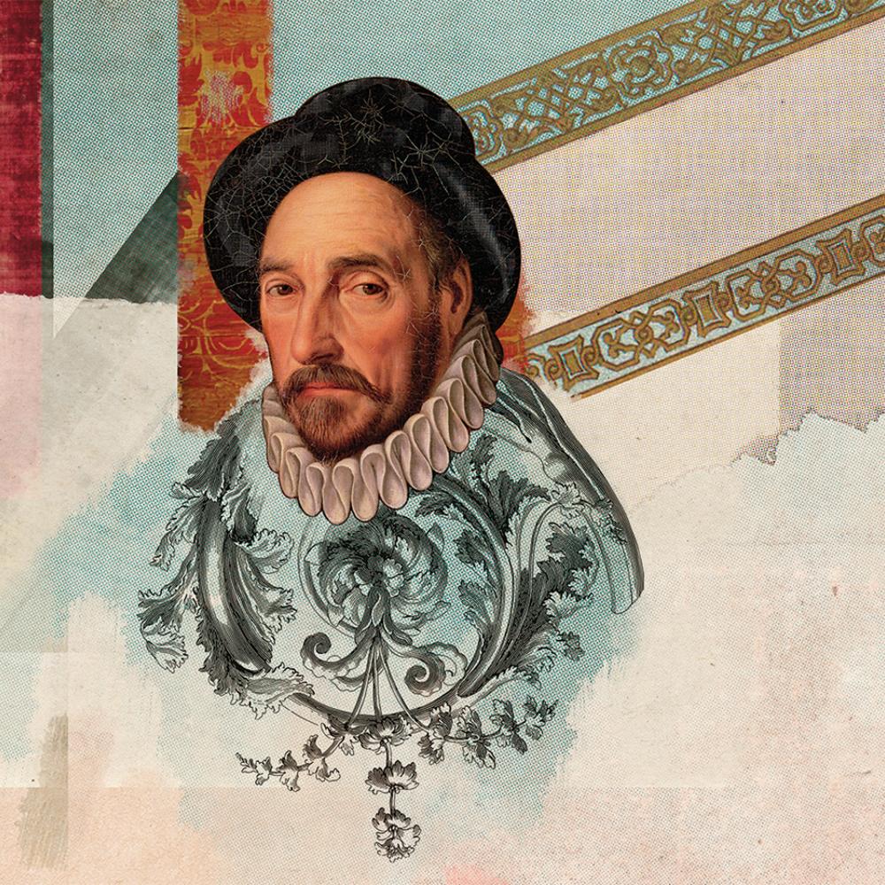 Colorful portrait of Michel de Montaigne wearing a hat.