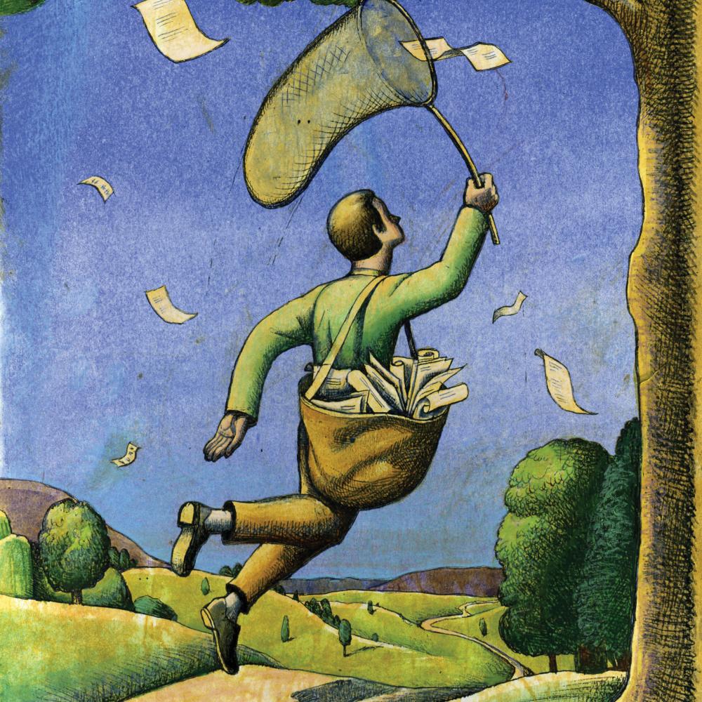 Green and blue painting of a man jumping with a butterfly catcher.
