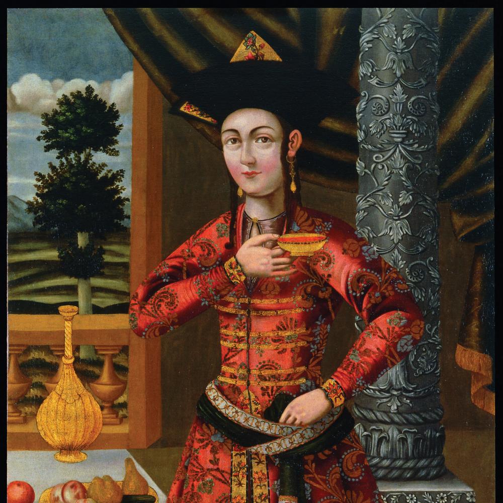 The Young Woman in a Georgian Costume; she is dressed in rich red and gold robes, with heavy gold earrings, holding a golden bowl above her chest