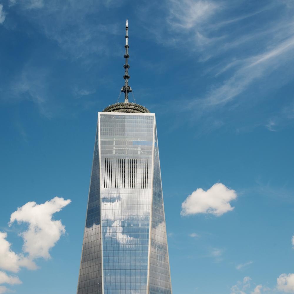 Close up photograph of the top of the new world trade center