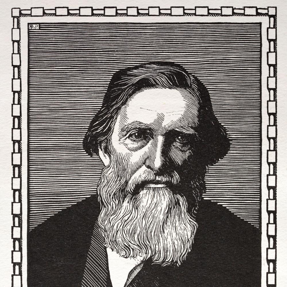 Woodcut portrait of John Ruskin