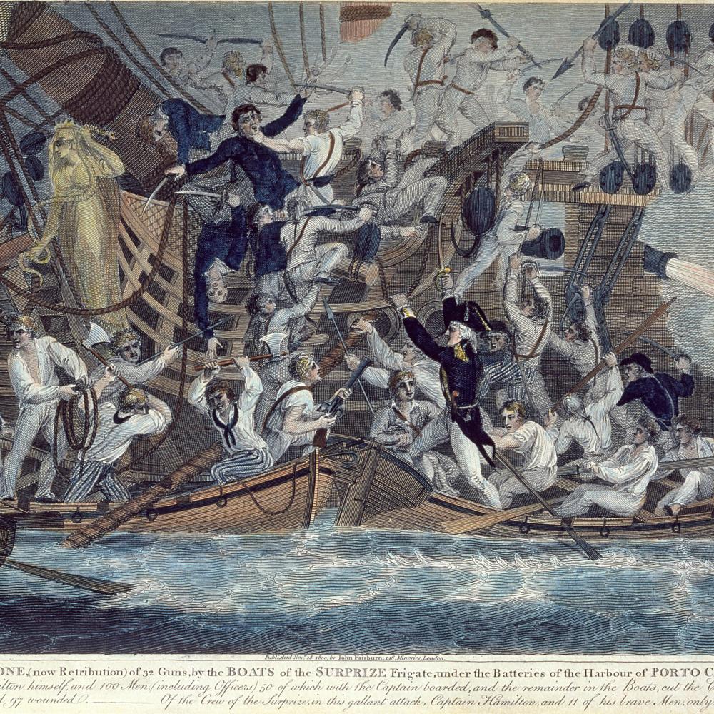 Painting of mariners rebelling against their captain and fighting among themselves aboard their ship. 