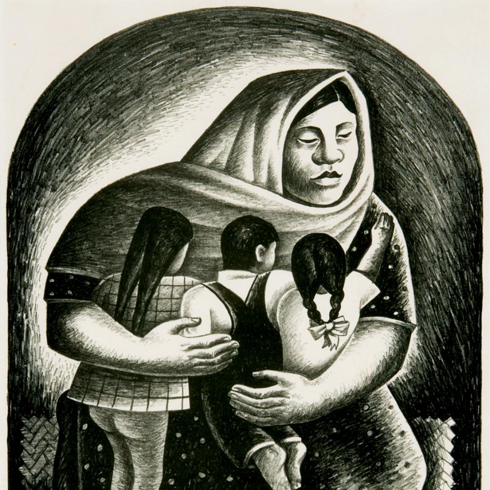 Black and white painting of a Mexican mother embracing her children.