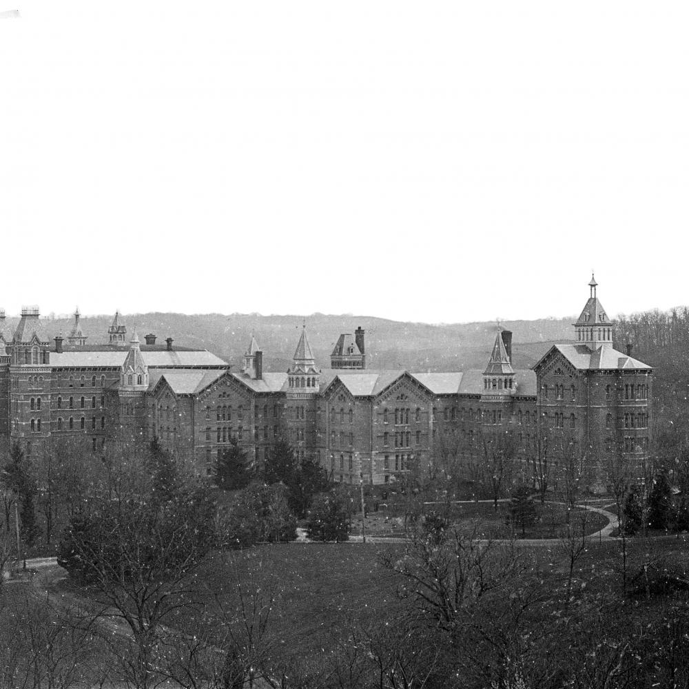 black and white slide image of a large building