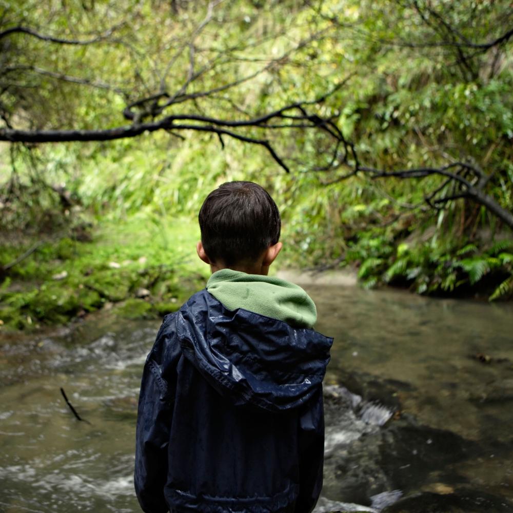 Young boy looks at river 