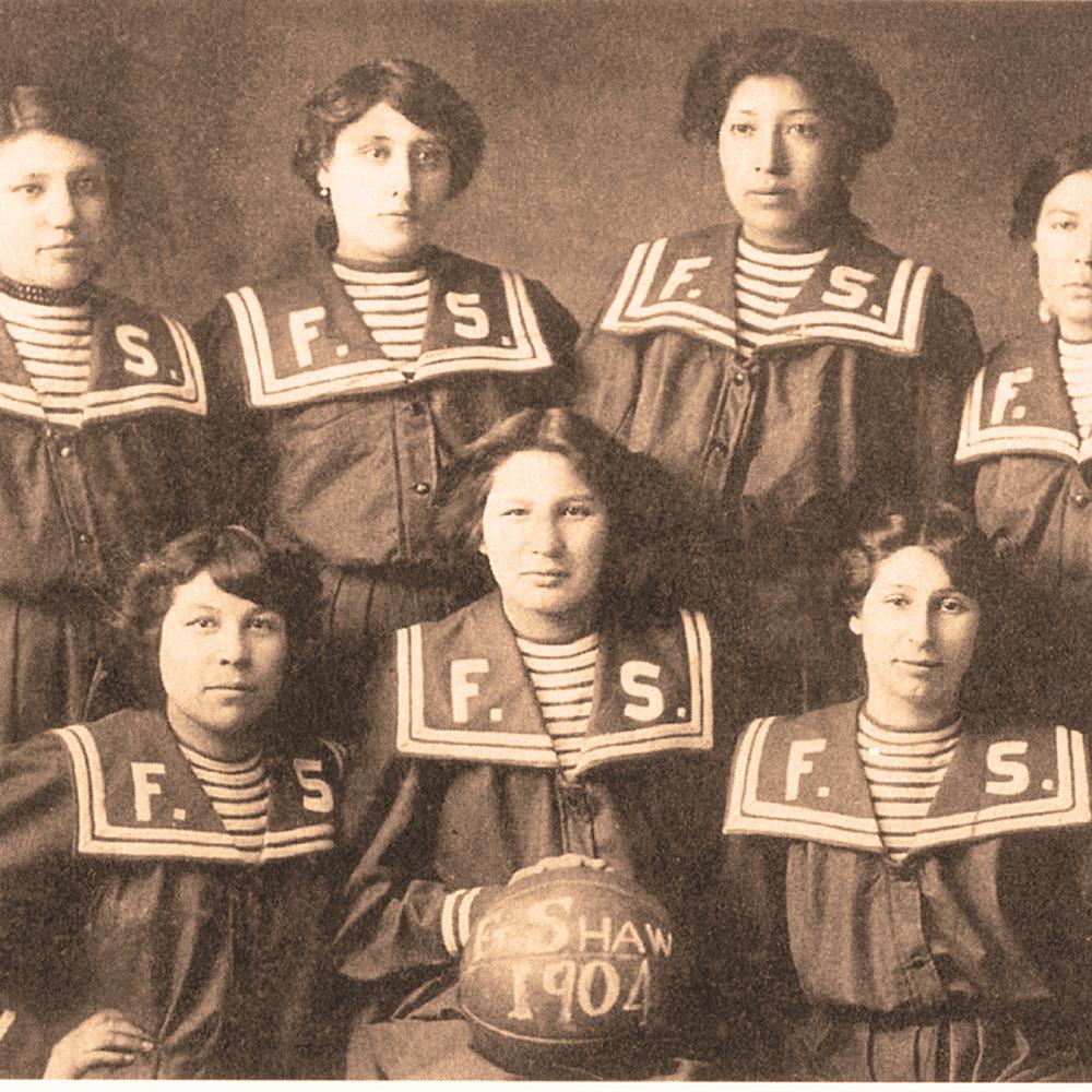 Sepia photo of the women who played for Fort Shaw