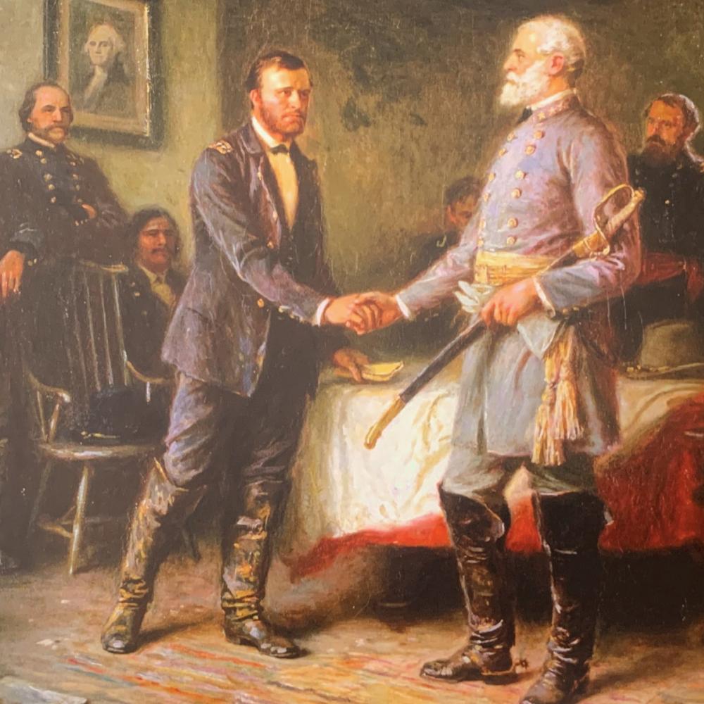 Let Us Have Peace, a 1920 work by Jean Leon Gerome Ferris, depicts Ulysses S. Grant and Robert E. Lee at Appomattox, a meeting that ends the Civil War.