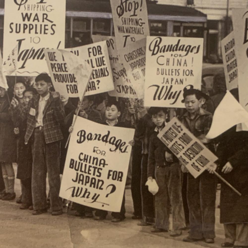 Chinese Americans in Seattle, Washington, protest the shipping of scrap metal meant for the Japanese War effort.